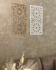 Makkah Mataaf Panel i guld og hvid med islamisk geometrisk mønster monteret over sofa