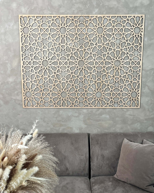 Stort Makkah Statement Panel med islamisk geometrisk mønster monteret over sofa