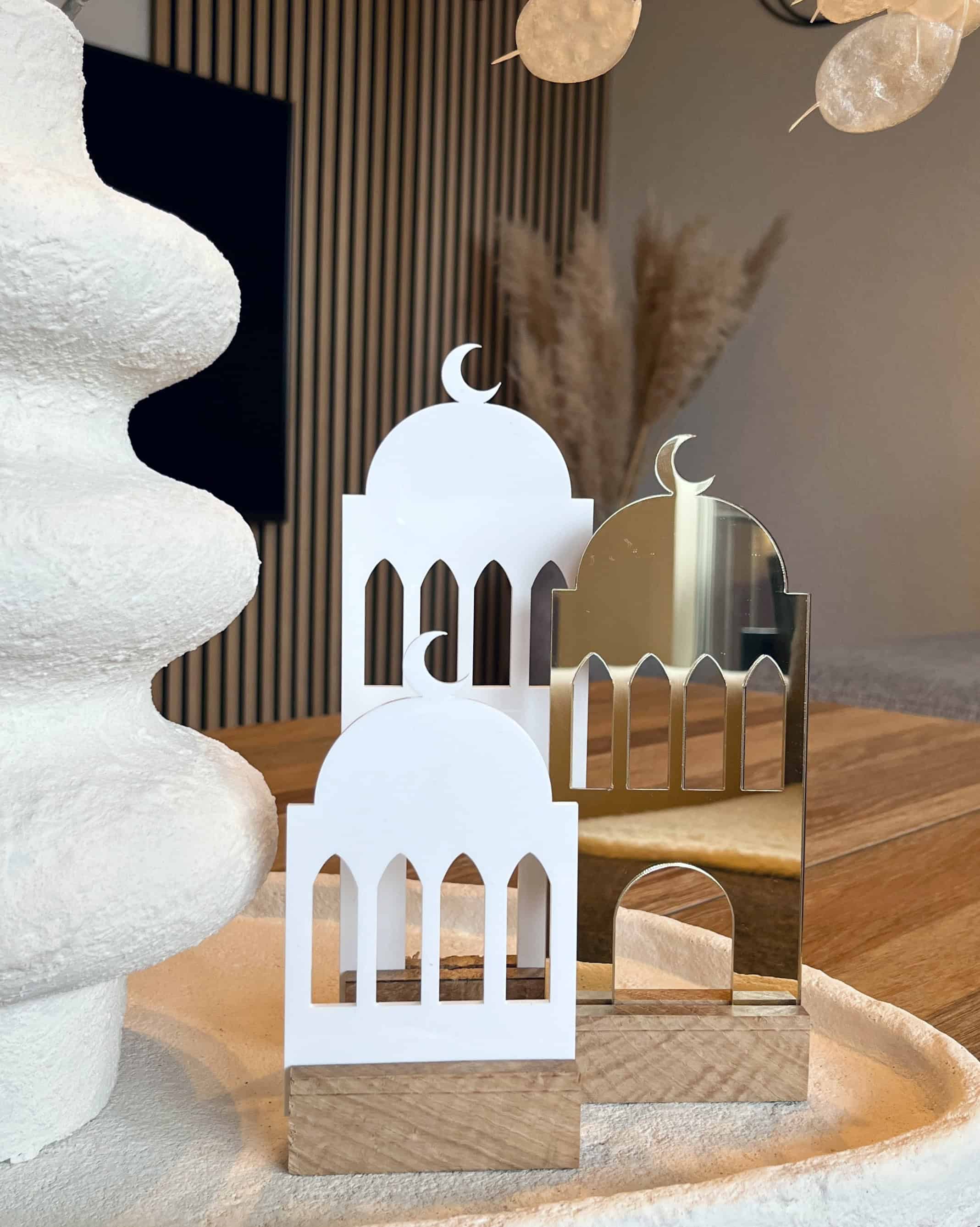 Masjid Trio i hvid, sort og spejlakryl som dekorativ mosképynt til hjemmet