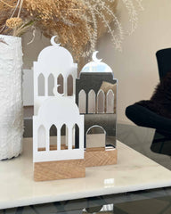 Masjid Trio i hvid spejlakryl med moskédesign i tre forskellige størrelser