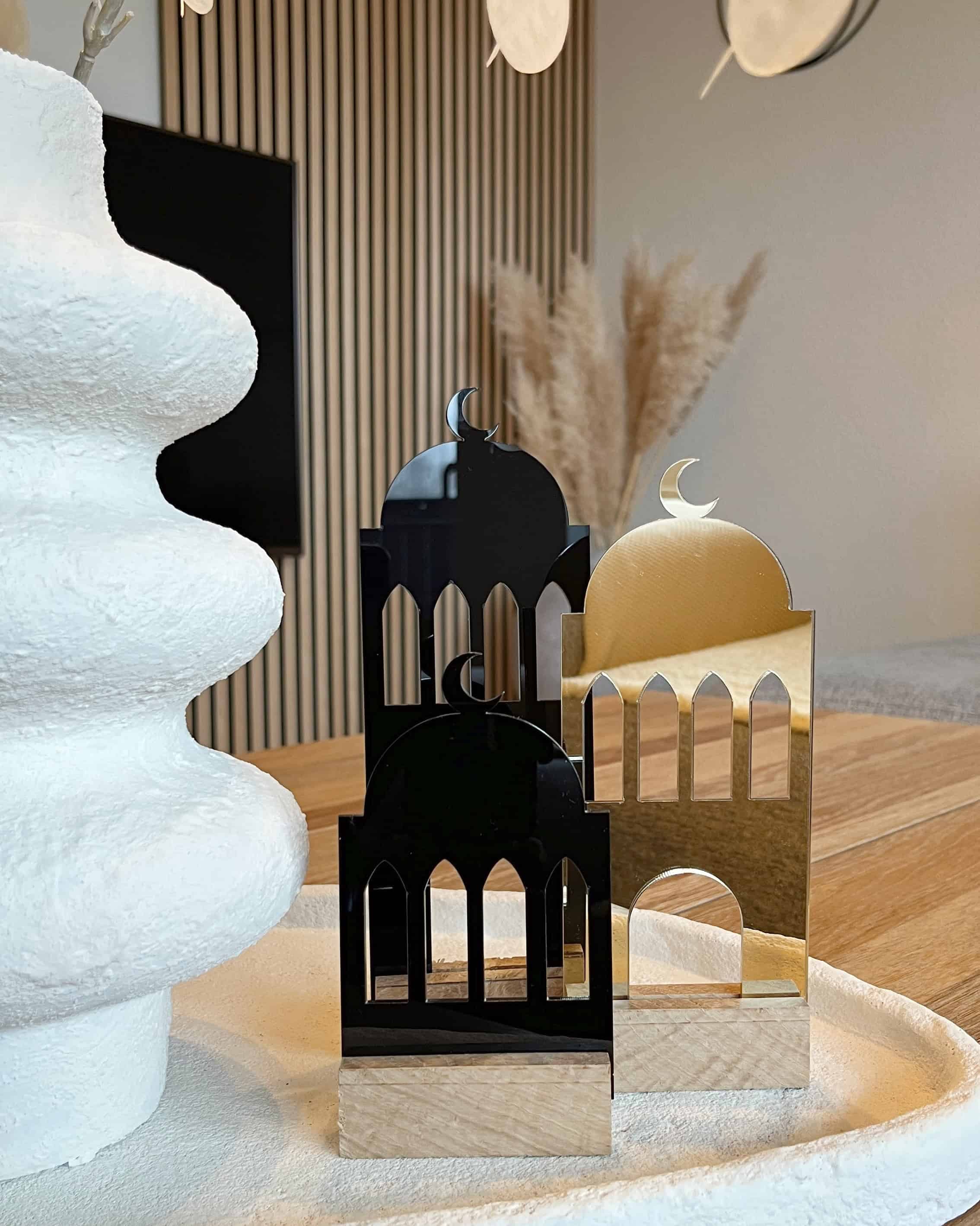 Masjid Trio i sort, guld og sølv spejlakryl som dekorative moskéer til hjemmet