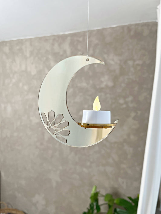 Moon Light i guld spejlakryl med LED-lys som hængende måne dekoration