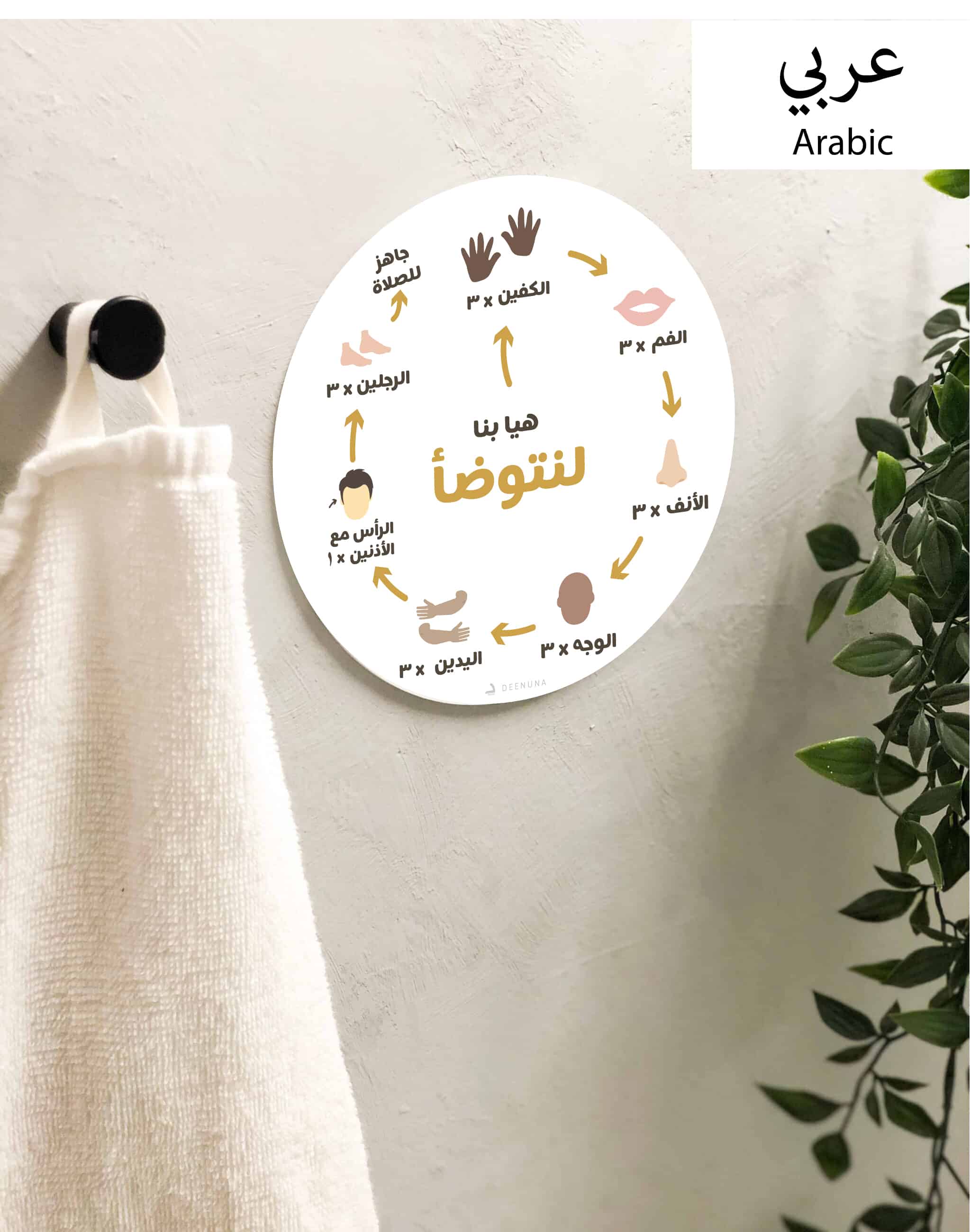 illustreret wudu-guide til trinvis læring af afvaskning i arabisk tekst